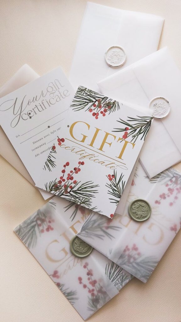 Stylish arrangement of holiday-themed gift certificates with envelopes and wax seals.