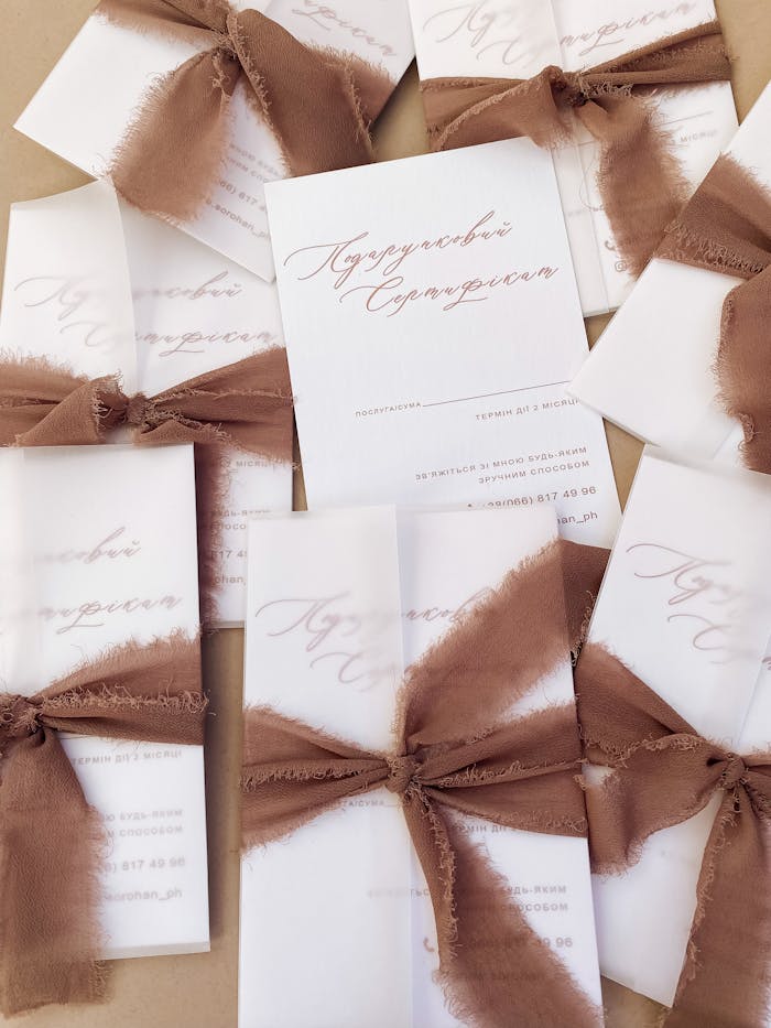 Stylish invitations tied with brown ribbon, perfect for special occasions.